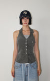 STRIPE SHIRRING HALTER TOP