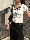 Demin Flower Ribbon Puff Short Sleeve T-Shirt