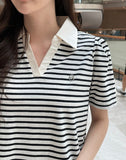 Heden Open Collar Stripe Puff Short Sleeve T-shirt