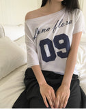 Rune Boatneck One Off-Shoulder Printed Short Sleeve T-Shirt