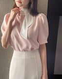 Kain Puff Color Matching Tie-Neck Short Sleeve Blouse
