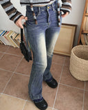 Kimman Y2K Crack Washing Gold Embroidery Long Bootcut Denim Pants