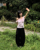 Rosen Flower Print Shirring Short Sleeve T-Shirt