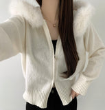 Two-Way Fur Hood Slim Fit Knit Zip-Up