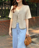 Leju No Collar Tweed Short Sleeve Short Jacket