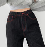 Raw Unique Red Stitch Heart Point Embroidery Wide Denim Pants