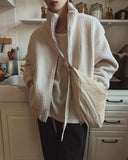 Balloon fit ribbed fleece zip-up