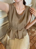Okan Round Neck Pintuck Sleeveless Blouse (Belt Set)