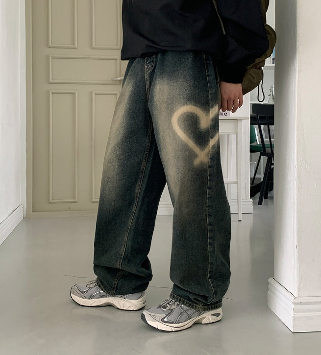 【BAON】Penbo Heart Washing Wide Denim Pants BAON (バオン) - ペンボハートウォッシングワイドデニムパンツ