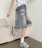 Back Pocket Washing Bermuda A-Line Knee Length Denim Shorts