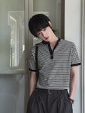 Yushi Stripe Henley Neck Short Sleeve T-Shirt