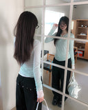 Lower See-through Hook V-Neck Long Sleeve
