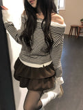 Boudin Stripe Loose Fit Off-Shoulder Button Knit