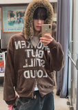 Loud Corduroy Studded Fur Hooded Zip-Up