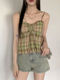 Rifen Check Cap Shirring Ribbon Flare Strap Sleeveless