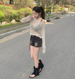 Loose-Fit Boat Neck Mesh Long Sleeve Knit
