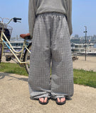 [BAONHAUS] Revish Summer Seersucker Check Banding Wide Pants