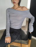 Mebel Shirring Off-Shoulder Back Slit Ribbon Strap Long-Sleeved T-Shirt