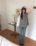 Onnit Check Square Neck Mini Short Sleeve Blouse