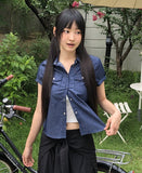 Siyu slim fit raw denim pocket short sleeve shirt