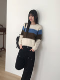 Wool Stripe Color Matching Button Round Long Sleeve Knitwear