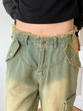 All Teen Vintage Yellow Washing Pocket Cargo Fringe Denim Long Wide Pants
