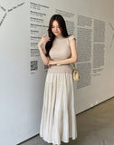 [Two-piece Set] Soche Ribbed Cap Knit Chiffon Skirt Set (Belt Set)