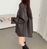 Tantan Chic Pocket Button Loose Fit Leather Jacket