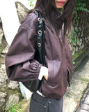 Dumb High Neck Cut Pocket String Leather Jacket
