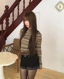 [Belt SET] Bomin Off-Shoulder Shirring Stripe Long Sleeve T-Shirt