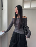 Ruffle see-through shirring drape long sleeve