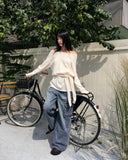 [Muffler set] Liton strap boat neck off shoulder long knit T-shirt