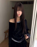 Royu Unbalanced Color Matching Shirring One-Off Shoulder Long Sleeve T-Shirt