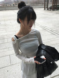 Block Unbalance Off Shoulder Shirred Long Sleeve Tee
