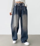 String Stopper Washing Long Wide Denim Pants