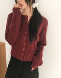 Tone Wool Bocashi Snap Button Shirring Knit Cardigan