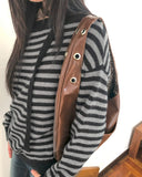 [Muffler SET] Ked Stripe Off-Shoulder Long-Sleeve Knit