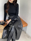 Jace Leather Pleated Banding Long Skirt