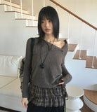 Web unbalanced button open angora pine needle knitwear