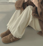 Bonding Brushed Corduroy Hem Snap Wide Balloon Banding Pants
