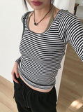 Liren Stripe Slim Fit Round Crop Long Sleeve T-Shirt