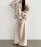 Shawl V-Neck Knit Long Wide Banding Pants Three Piece Wool Two Piece Set