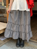 Cayue Check Shirring Tiered Banding Long Skirt