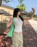 Cien Button V-neck Collared Short Sleeve
