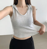 Waffle V-neck Hood Sleeveless Knit T-shirt