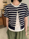 Teno Stripe Crop Short Sleeve Knit Cardigan