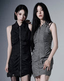 Shirring Zip Sleeveless Dress