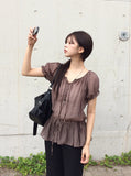 Rimae See-Through Frill Shirring Ribbon Short Sleeve Blouse