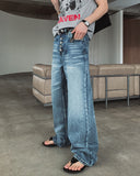 Left-washed flare denim pants