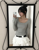 [U-BASIC] Marron Square Neck Slim Long Sleeve